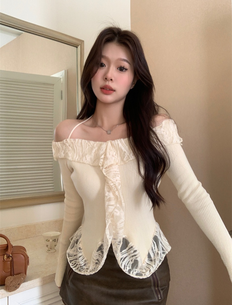 Enticement slim lace flat shoulder irregular sweater