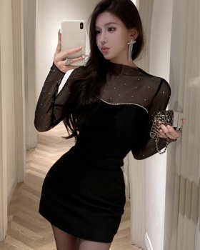 Slim France style A-line rhinestone sexy perspective dress