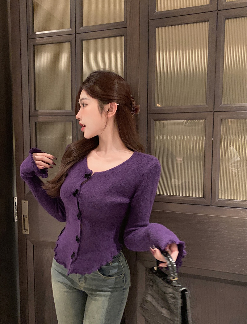 Slim buckle bottoming shirt bow wood ear sweater
