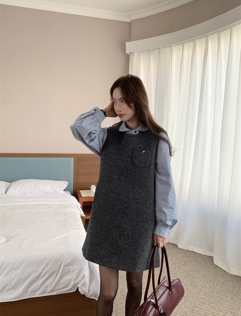 Retro Korean style dress sweet long sleeve shirt 2pcs set