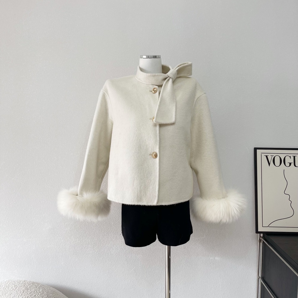 Elegant woolen coat fox fur overcoat for women