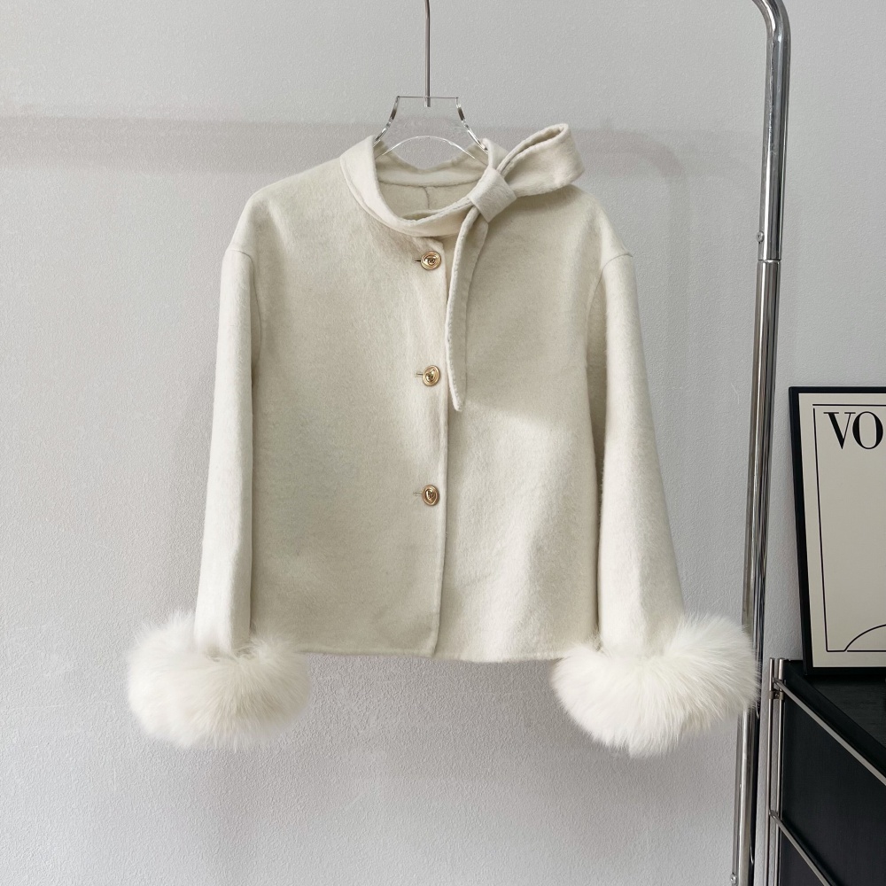 Elegant woolen coat fox fur overcoat for women
