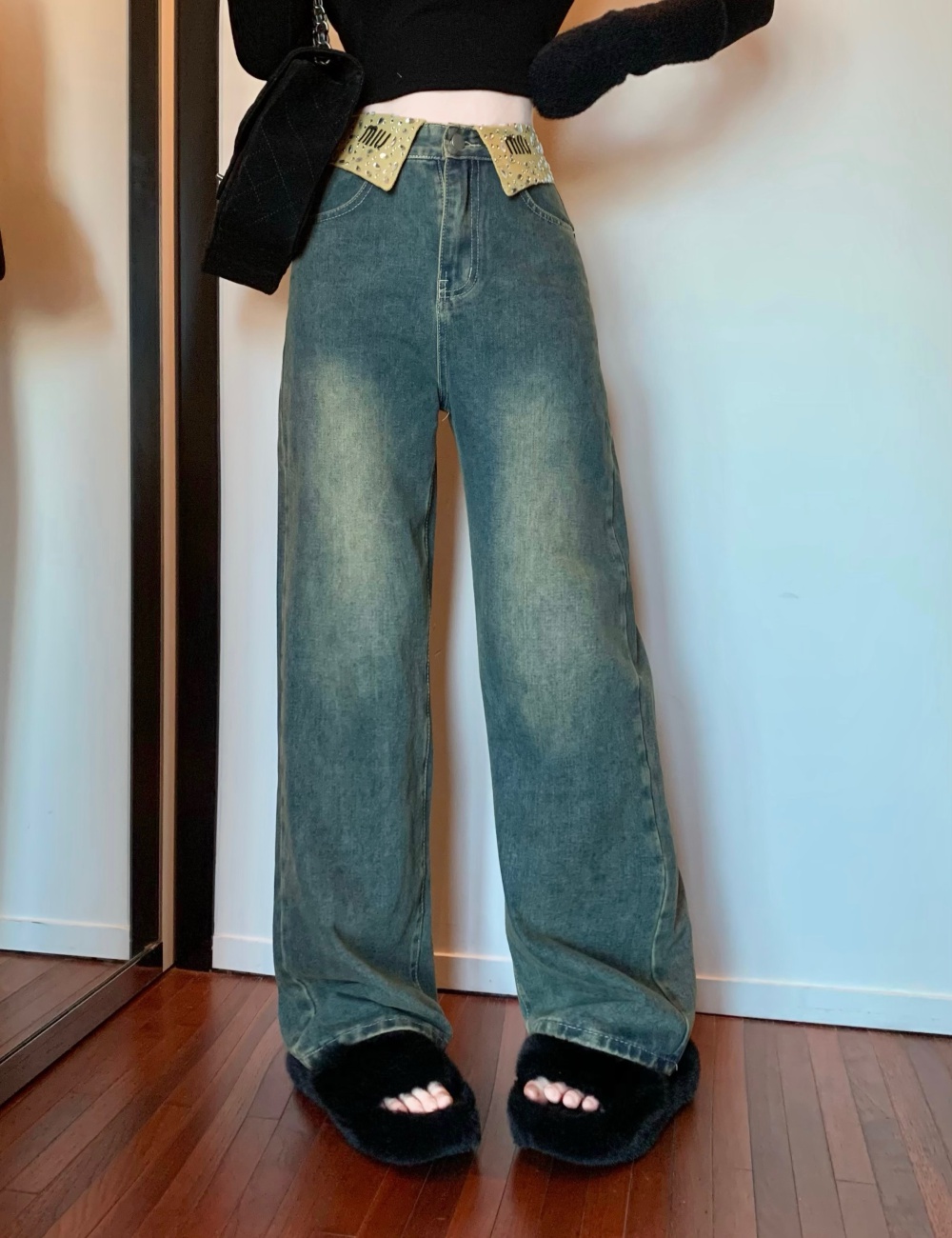 Letters high waist niche wide leg pants retro spring jeans