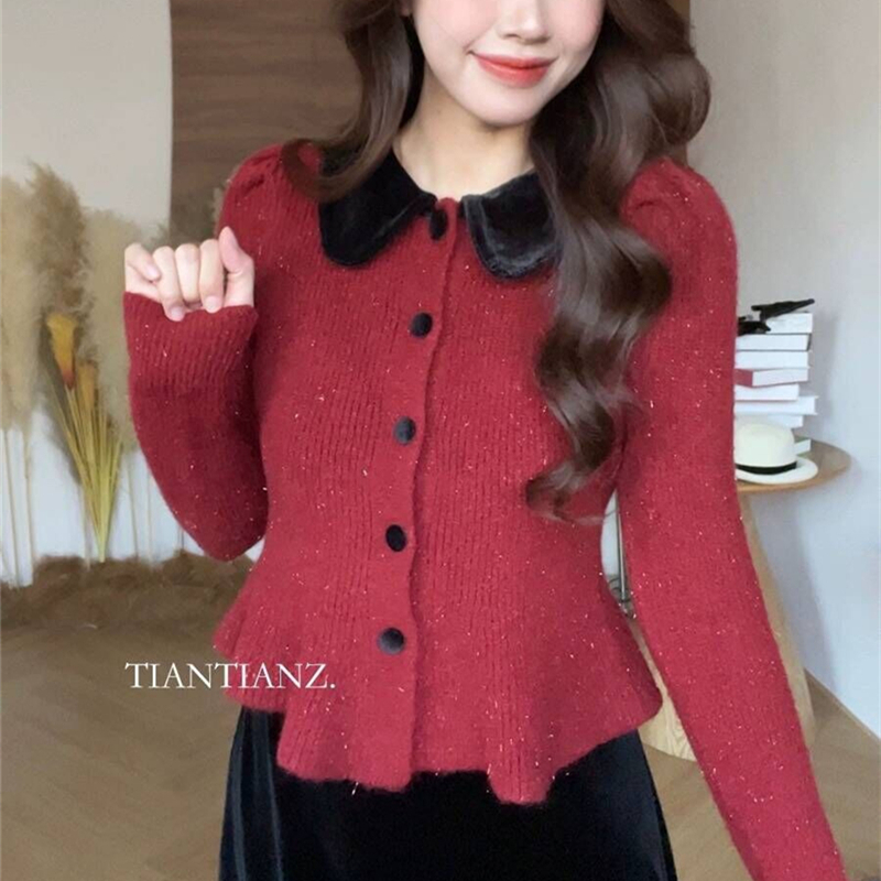 Mixed colors velvet tops long sleeve knitted sweater