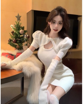 Package hip hollow sexy puff sleeve christmas dress