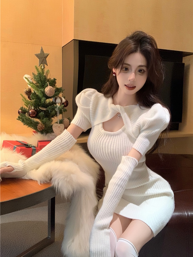 Package hip hollow sexy puff sleeve christmas dress
