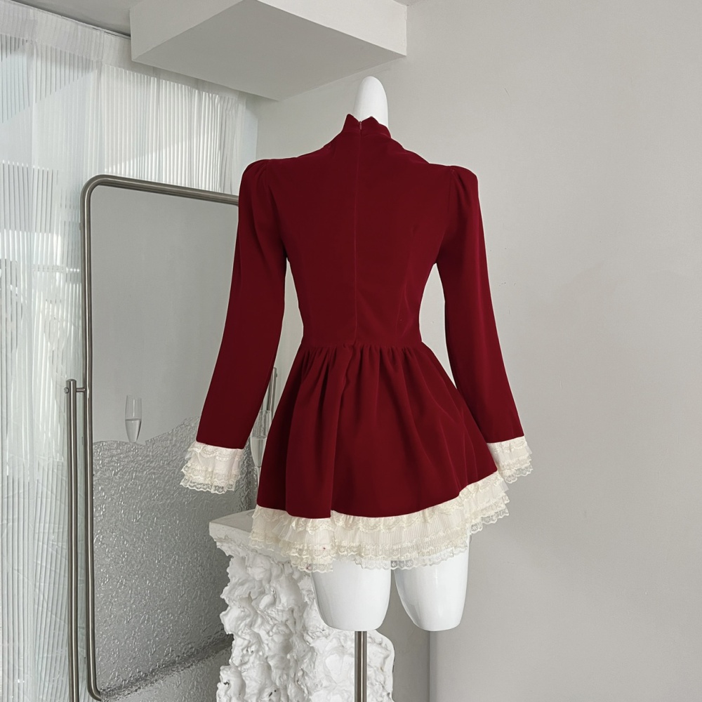 Pleated velvet red halter France style christmas lace dress