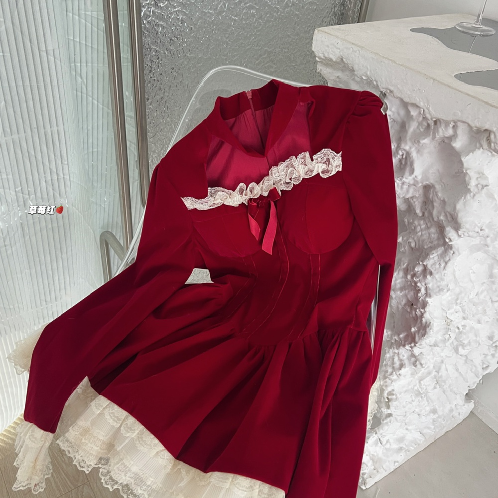 Pleated velvet red halter France style christmas lace dress