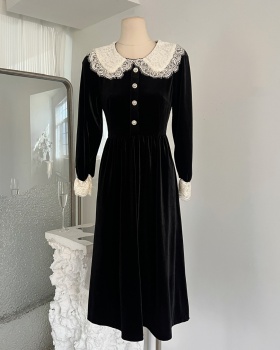 Velvet long doll collar lace retro dress for women