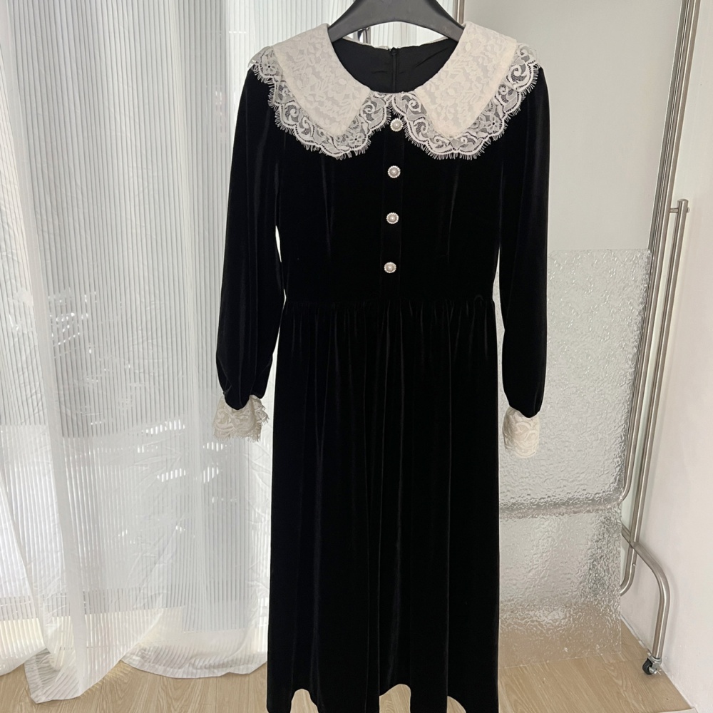 Velvet long doll collar lace retro dress for women