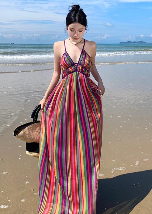 Retro sling unique dress halter stripe rainbow long dress
