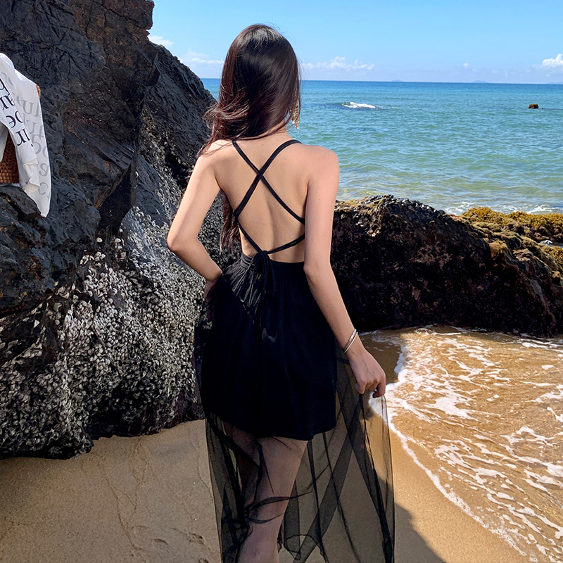 Gauze sexy halter long dress black seaside dress