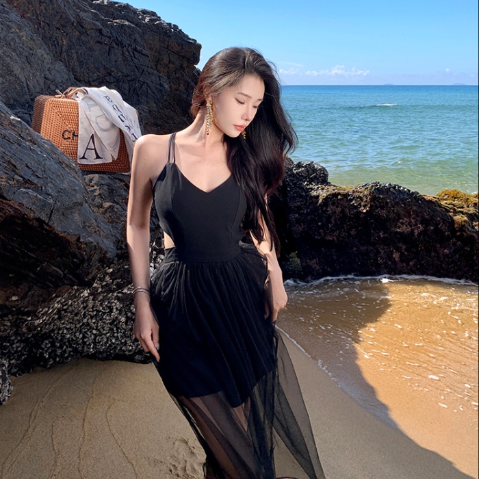 Gauze sexy halter long dress black seaside dress