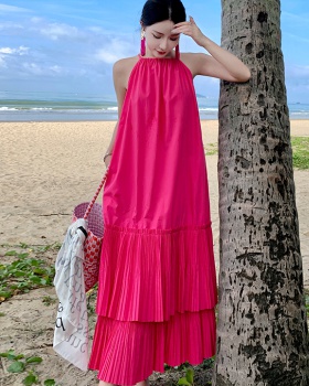 Vacation sling rose-red laminated enticement hollow dress