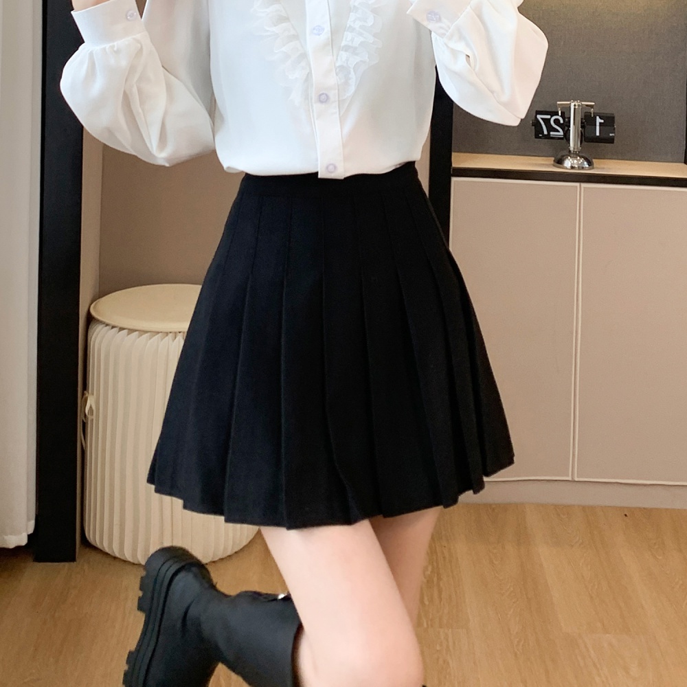 Pleated pure skirt all-match woolen short skirt