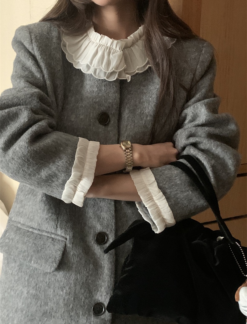 Splice retro lace long plus cotton Korean style woolen coat