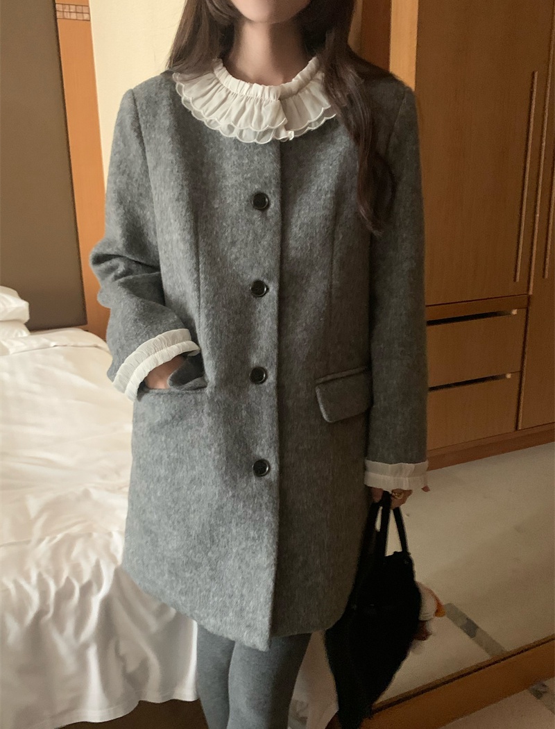Splice retro lace long plus cotton Korean style woolen coat