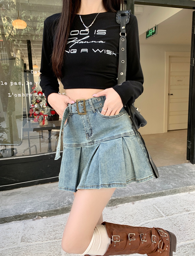 A-line high waist retro belt denim pleated skirt for women