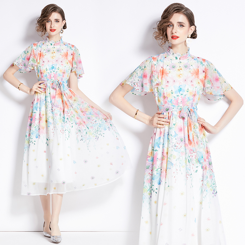 Floral boats sleeve colors fungus collar dress