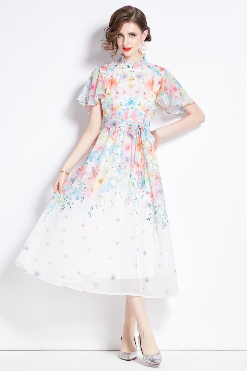 Floral boats sleeve colors fungus collar dress