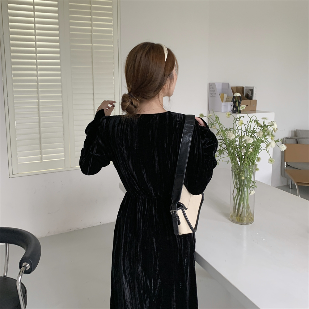 Velvet pinched waist dress temperament maxi dress for women