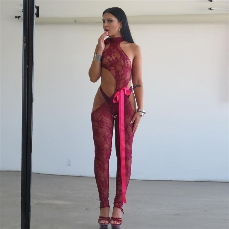 High waist perspective long tight jumpsuit for women