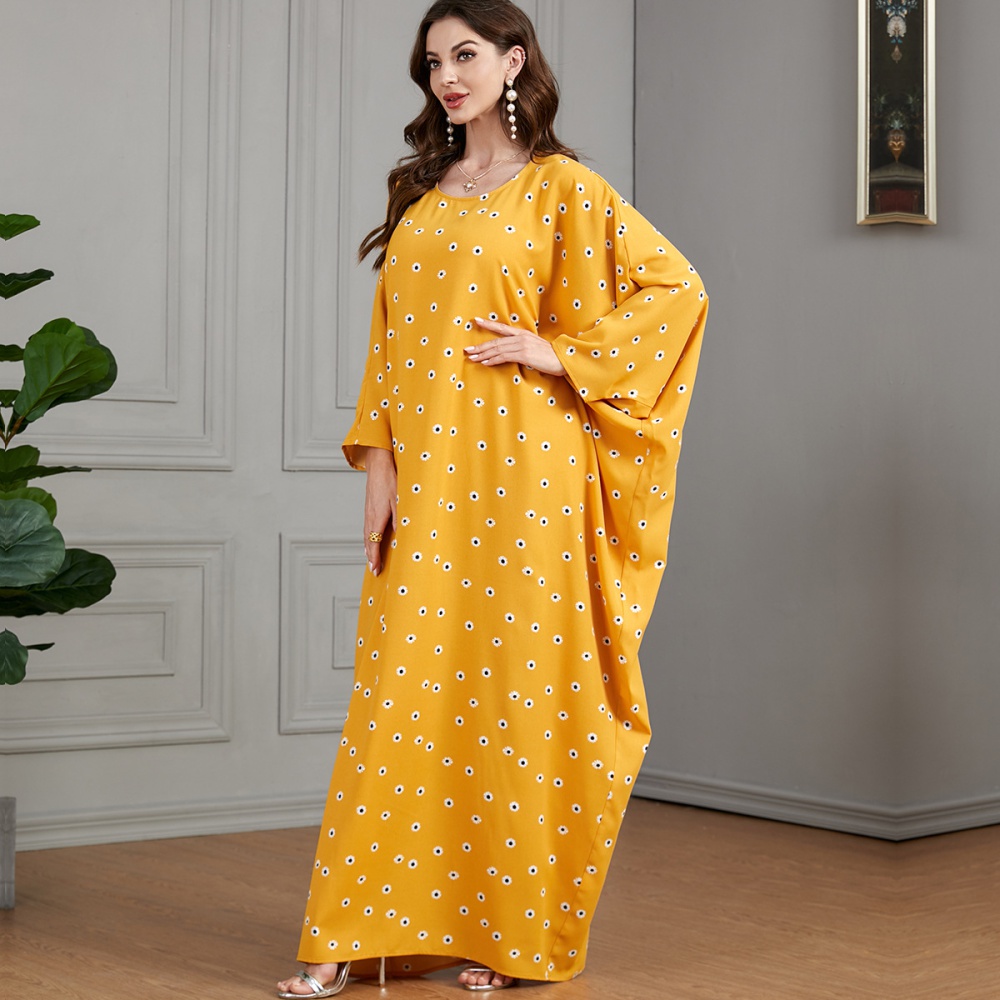 Casual printing loose yellow bat sleeve dress for women