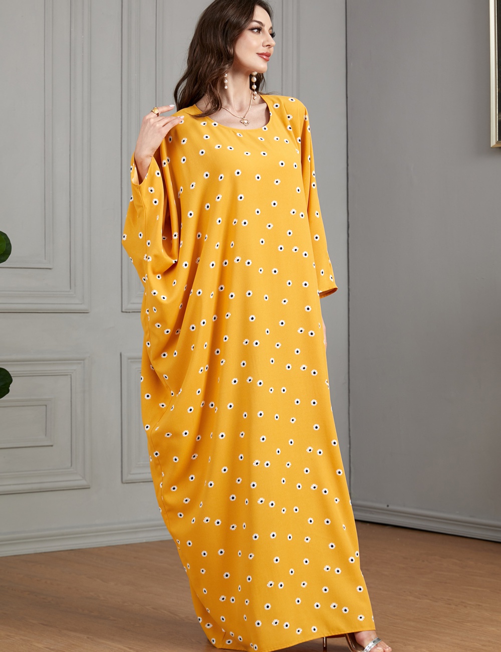 Casual printing loose yellow bat sleeve dress for women