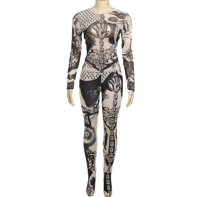 Autumn slim tops gauze perspective long pants a set for women
