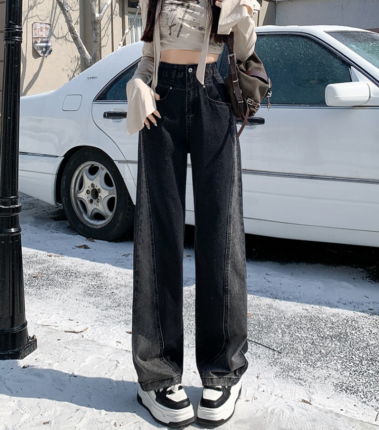High waist black loose mopping straight pants spring jeans