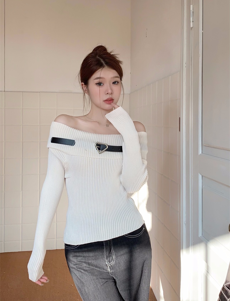 Long sleeve slim sweater flat shoulder sexy tops
