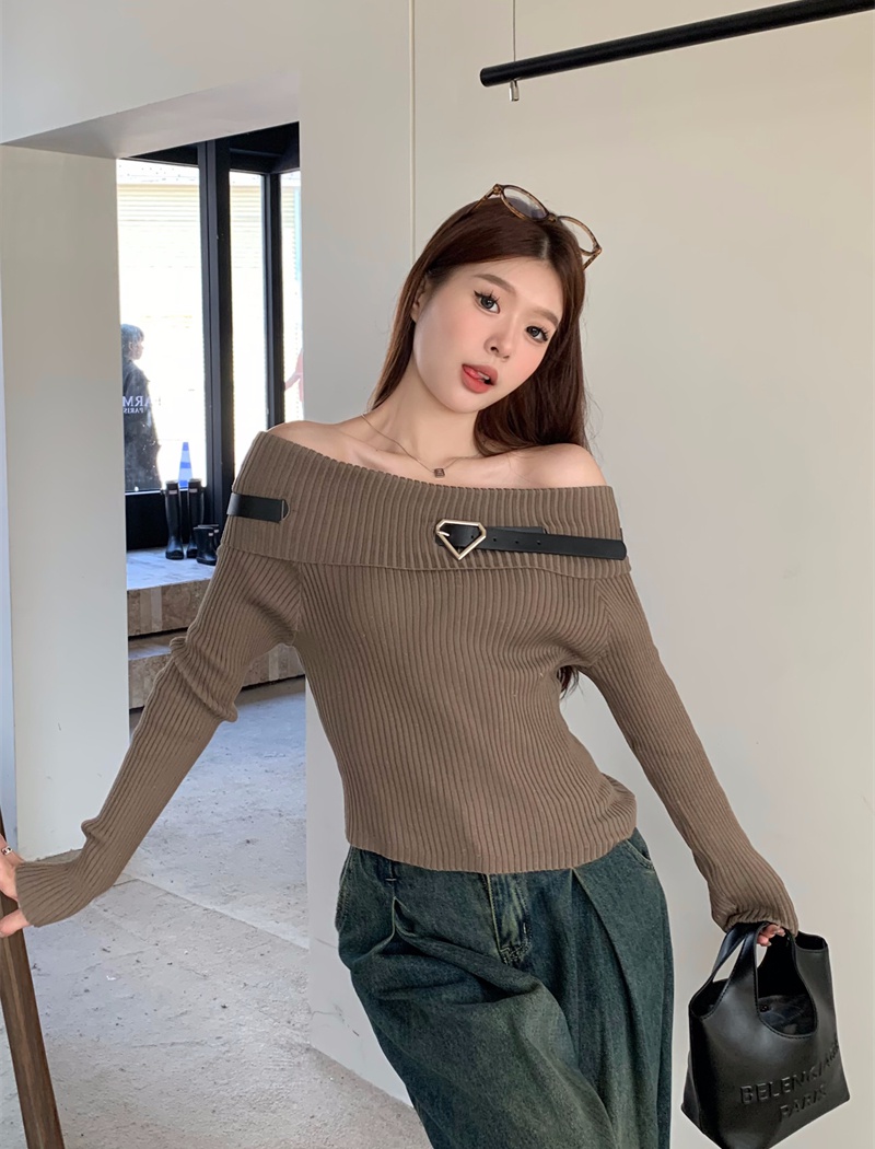Long sleeve slim sweater flat shoulder sexy tops