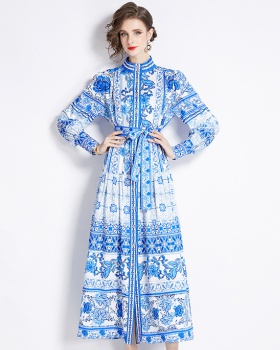 Cstand collar fashion blue and white porcelain dress