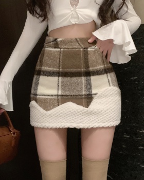 High waist woolen plaid stereoscopic skirt for women