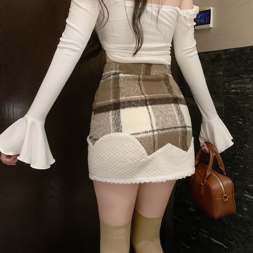 High waist woolen plaid stereoscopic skirt for women