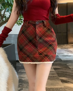 Winter lace slim woolen short skirt high waist retro plaid skirt