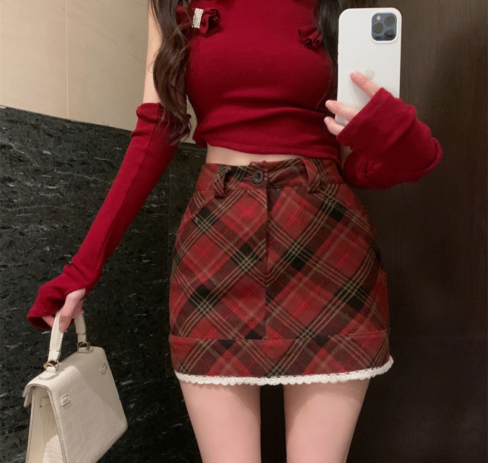 Winter lace slim woolen short skirt high waist retro plaid skirt
