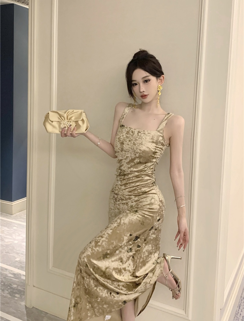 Velvet elegant strap dress France style formal dress