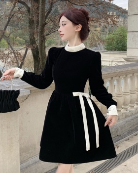 Retro beading velvet France style bow Hepburn style dress