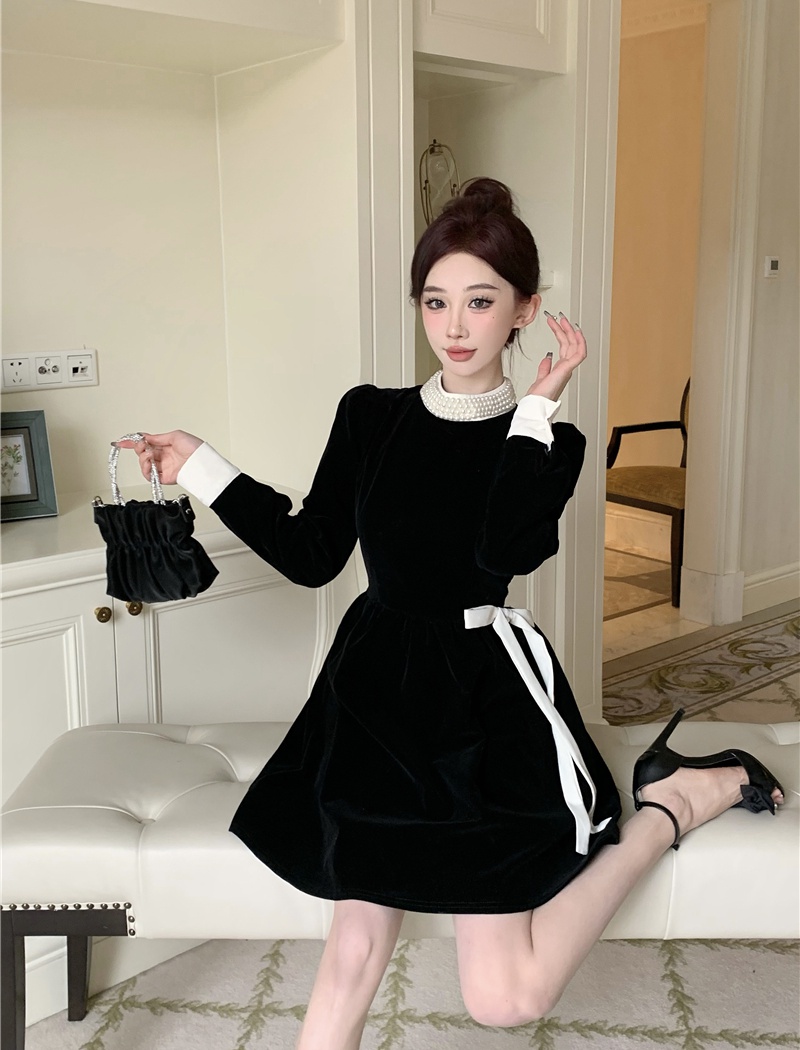 Retro beading velvet France style bow Hepburn style dress