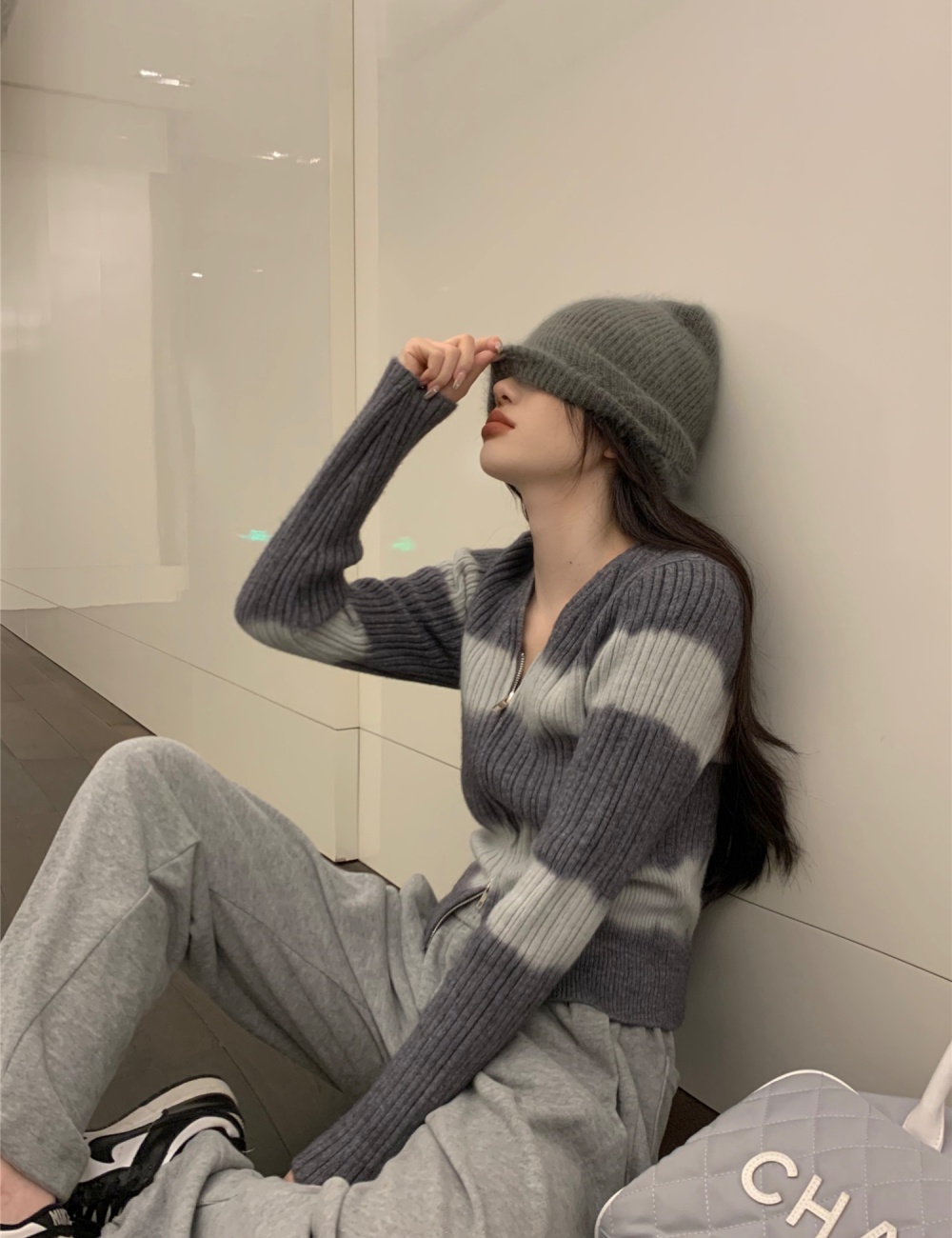 Long sleeve all-match slim cardigan stripe knitted short tops