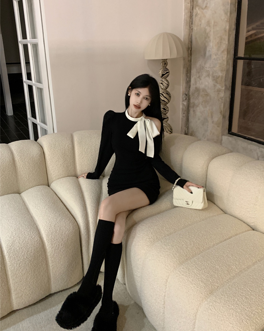 Black temperament bandage knitted dress for women