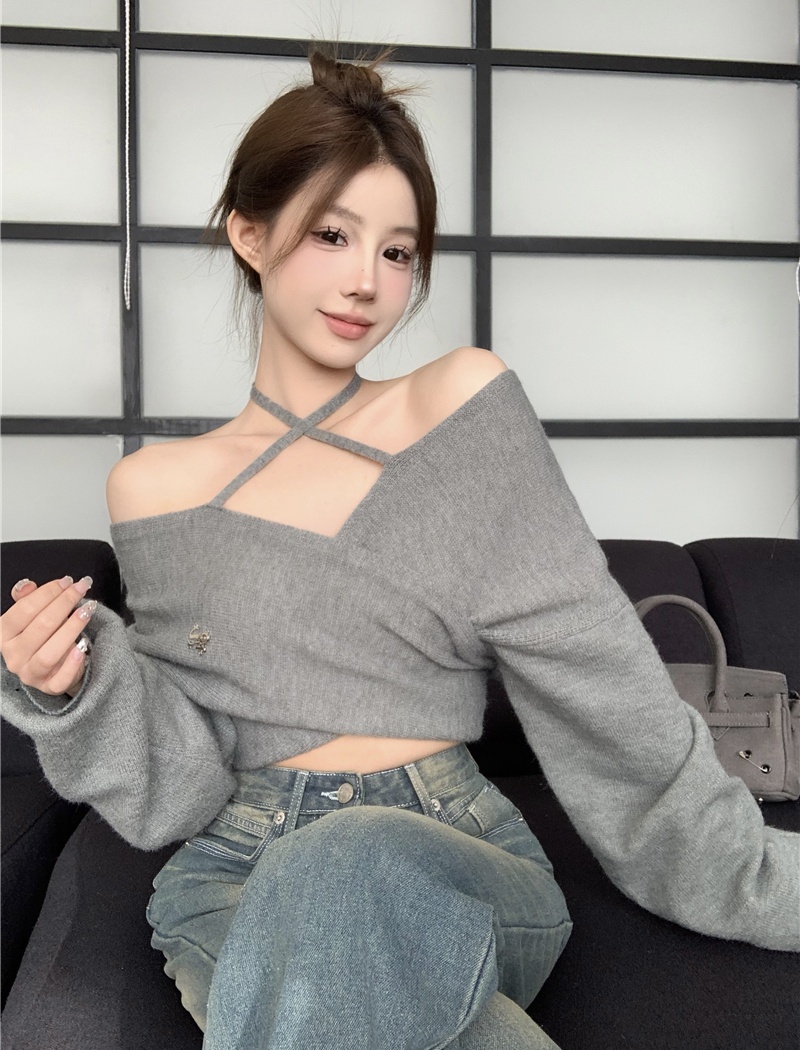 Flat shoulder knitted tops halter sweater