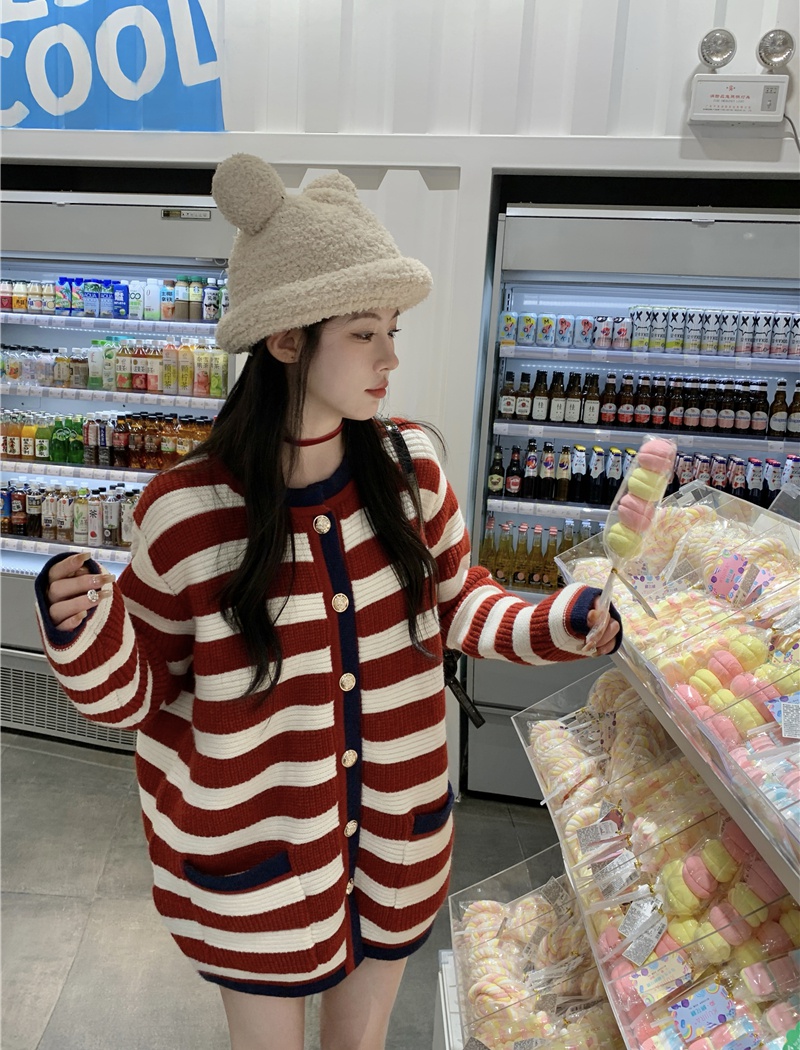 Mixed colors stripe cardigan week thick coat for women