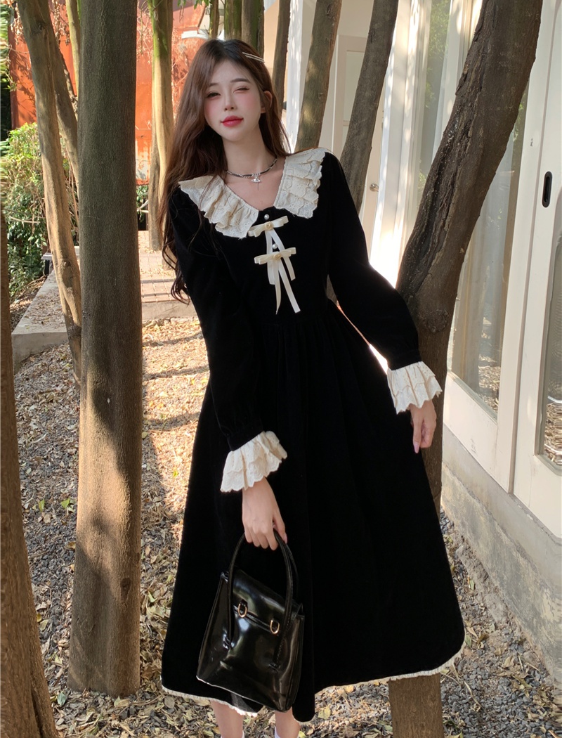 Velvet France style large yard doll collar long dress