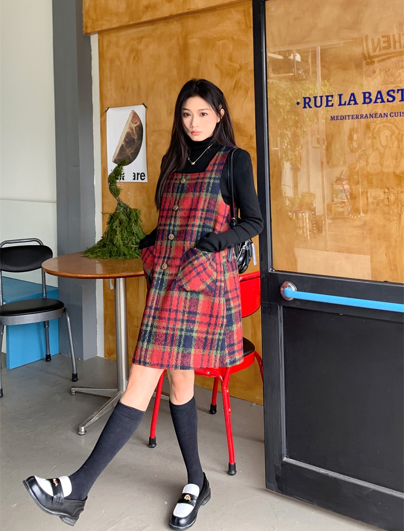 Plaid red tops knitted dress 2pcs set