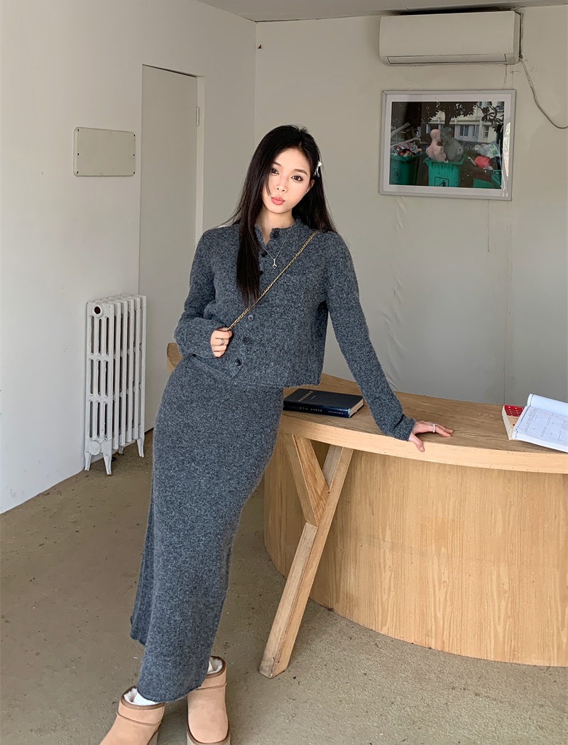 All-match gray long skirt knitted Casual tops 2pcs set