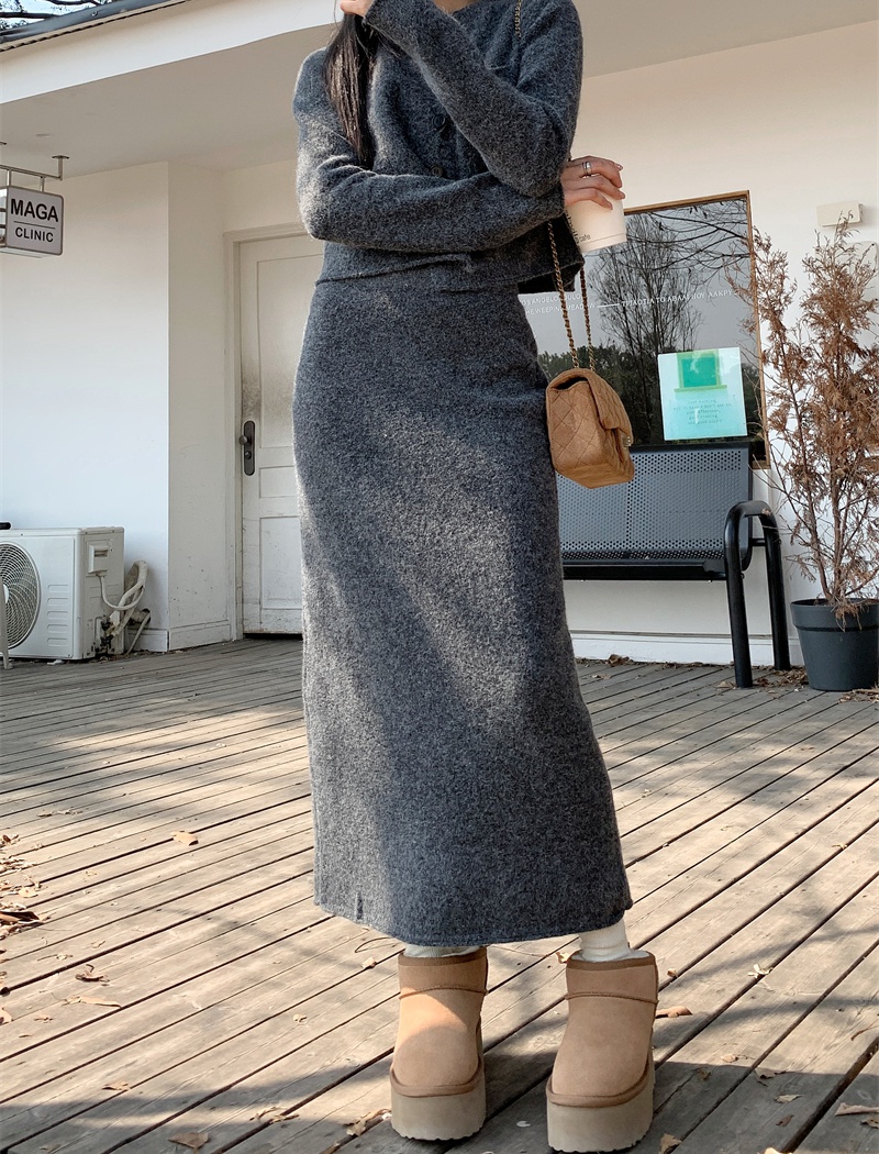 All-match gray long skirt knitted Casual tops 2pcs set