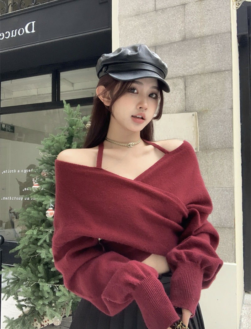Strapless loose tops short knitted sweater for women