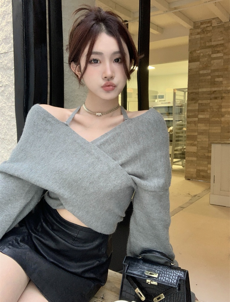 Strapless loose tops short knitted sweater for women